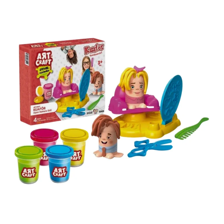 Young child using klei kappersset to mold clay into playful hairstyles.