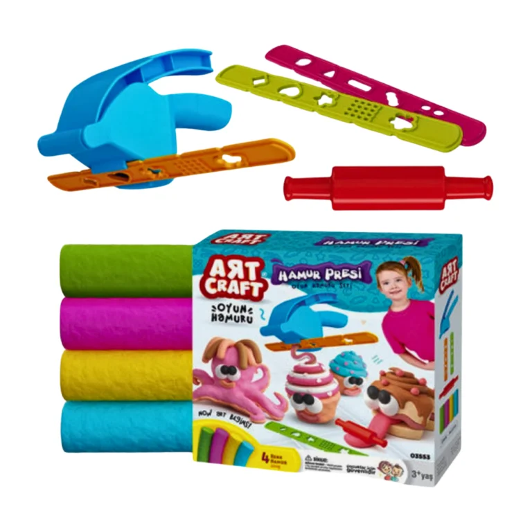 De inhoud van de ART CRAFT Hand Press Dough Set met 200 gram klei en vormpjes