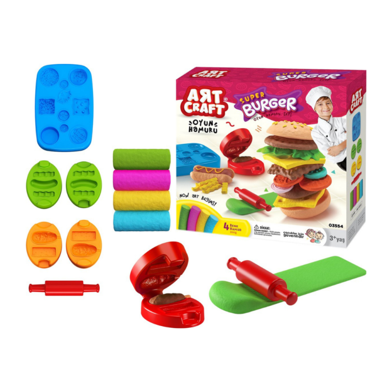 Kind maakt een kleurrijke klei hamburger met diverse accessoires.